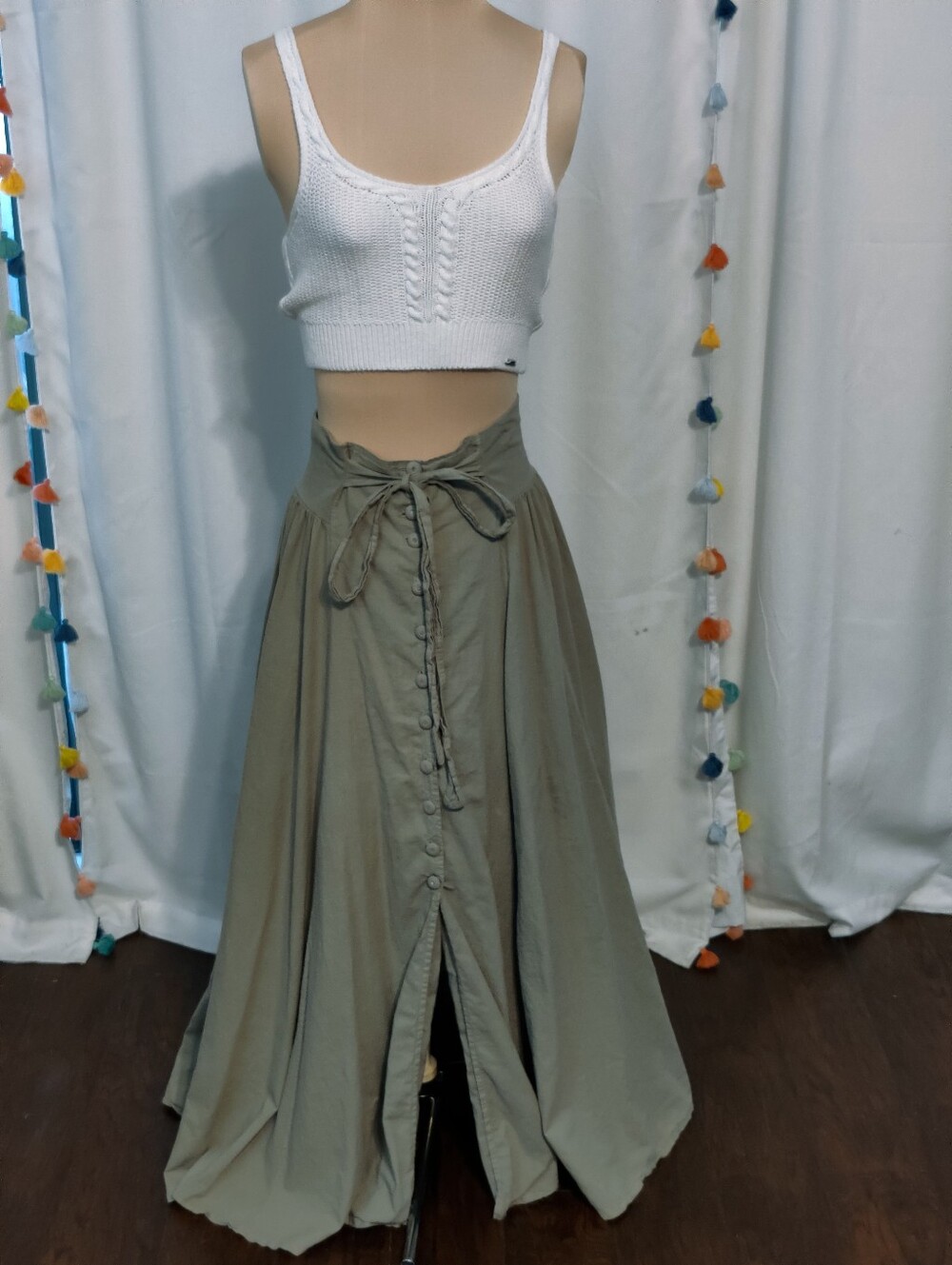 Luna Luz Vintage Cotton Maxi Skirt full button front Low Slung khaki/green SM